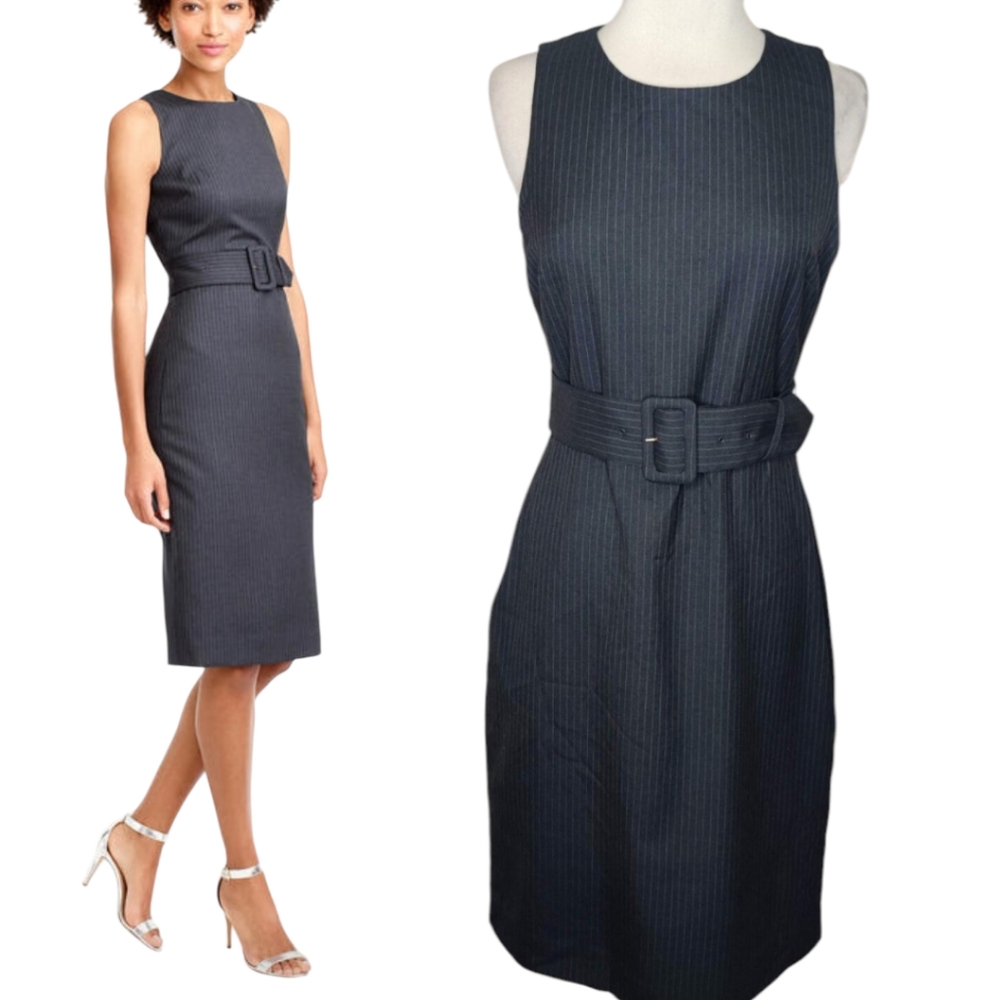 Jcrew nwot navy 100% lightweight wool Pinstripe belted midi dress size 4